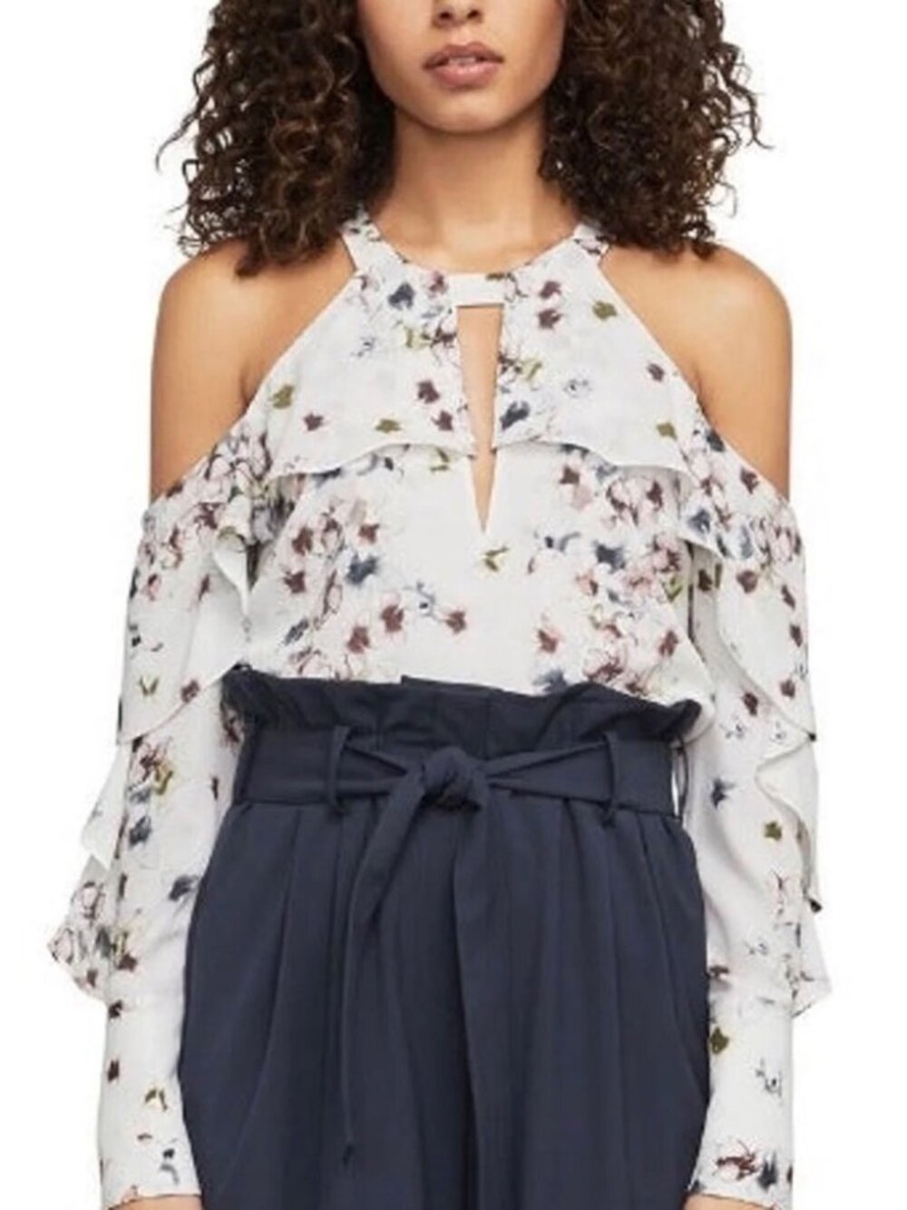 BCBGMAXAZRIA Celestine White Floral Cold Shoulder Ruffle Blouse